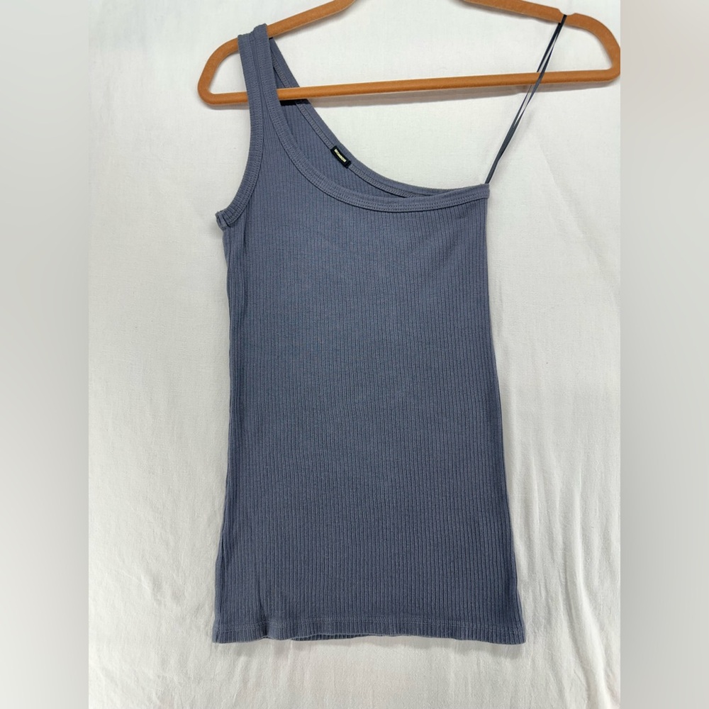 MONROW Women's Medium One Shoulder Ribbed Gray Tank Top
